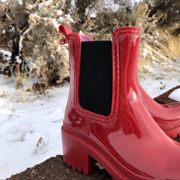 LAST PAIR! New! Red Rain Boots with Block Heel - Picture 5 of 8